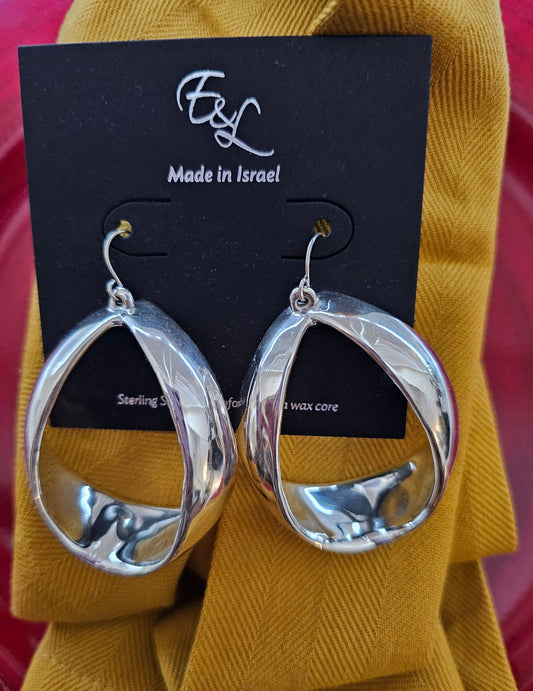 E&L Sterling Silver Earrings - Sterling Silver Electroform - Dangle Hoop - Israel - New