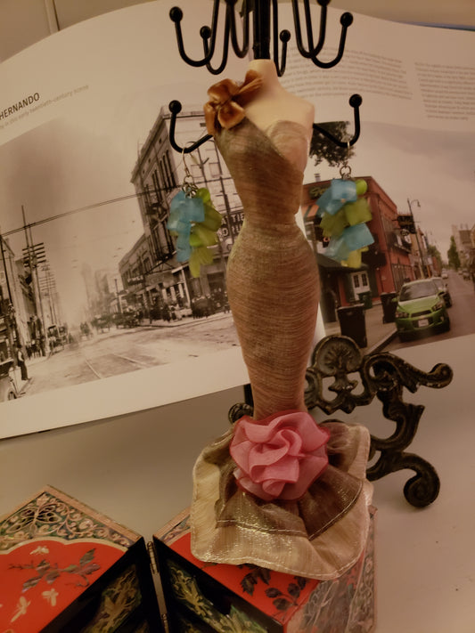 Earrings - Dangling Turquoise and Lime Green Squared Stones