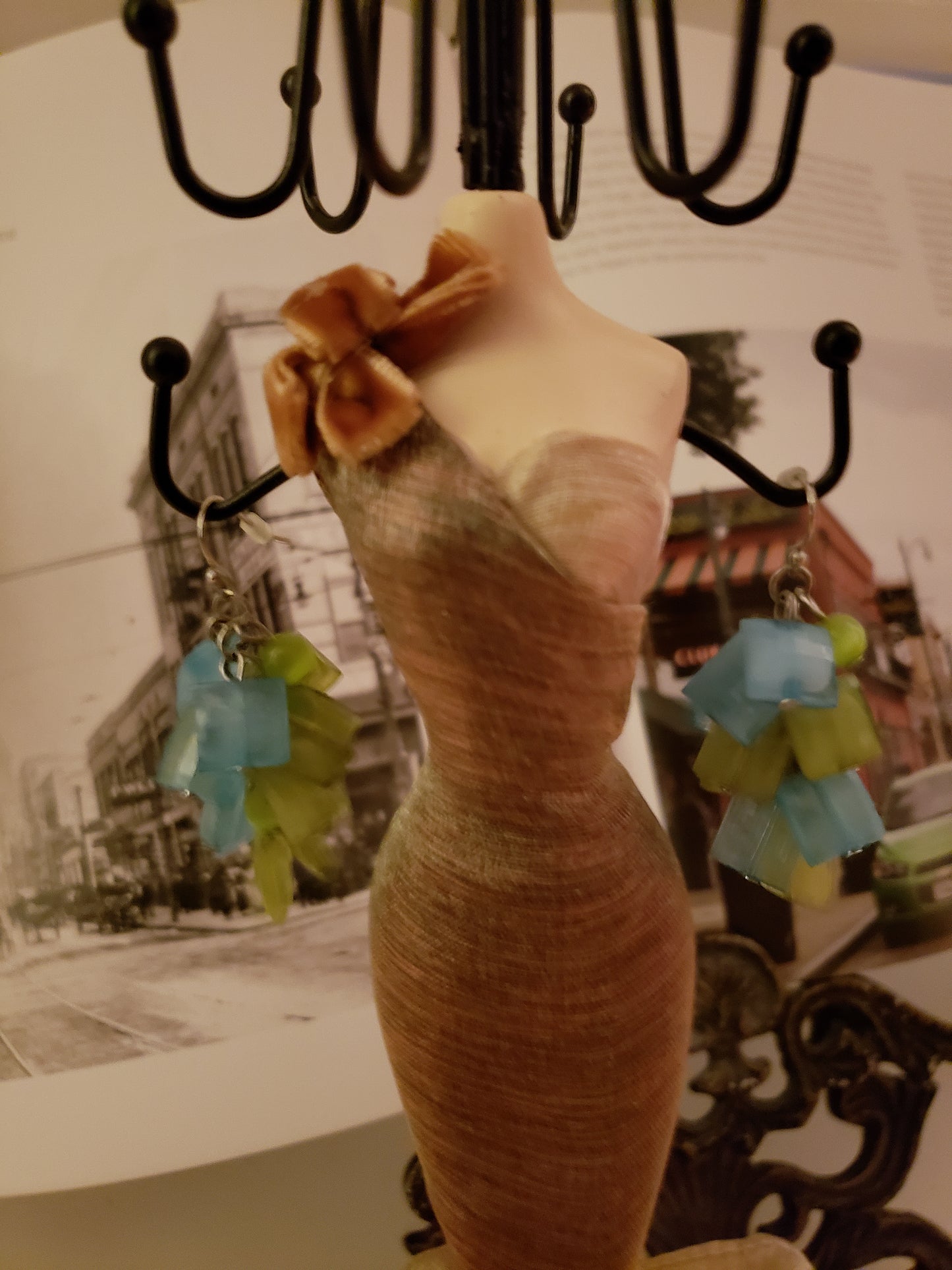 Earrings - Dangling Turquoise and Lime Green Squared Stones